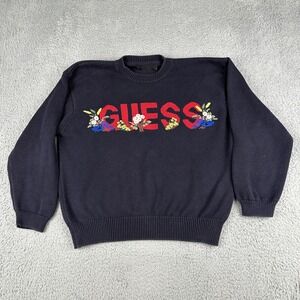 Vintage Guess Sweater Adult Medium Black Spell Out Flowers Embroidred 90s
